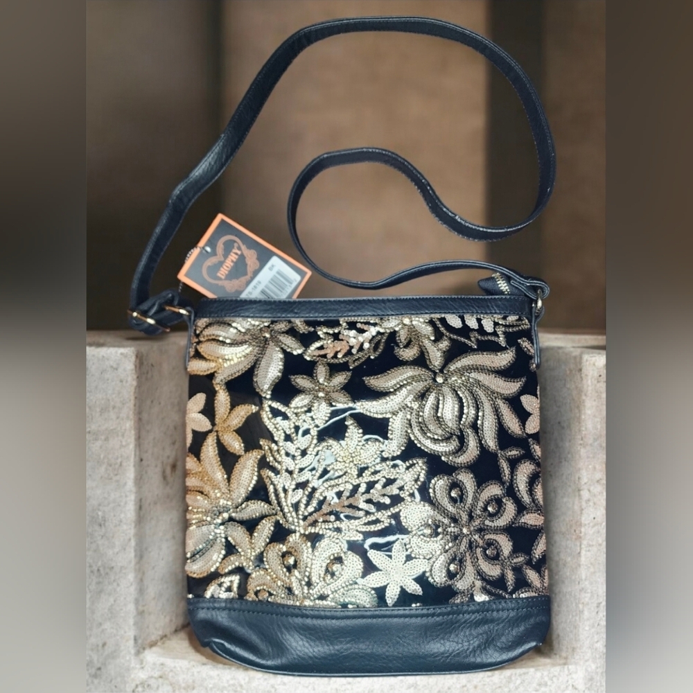 Diophy Black and Gold Floral Embroidered Crossbody Bag NWT